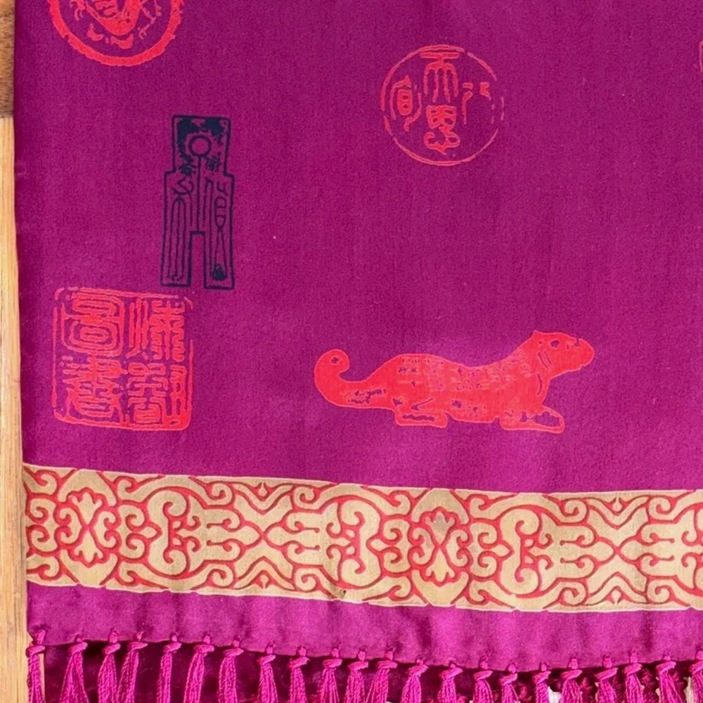 Vintage Silk Scarf Magenta Gold Asian Motif Fringe Long Wrap Shawl